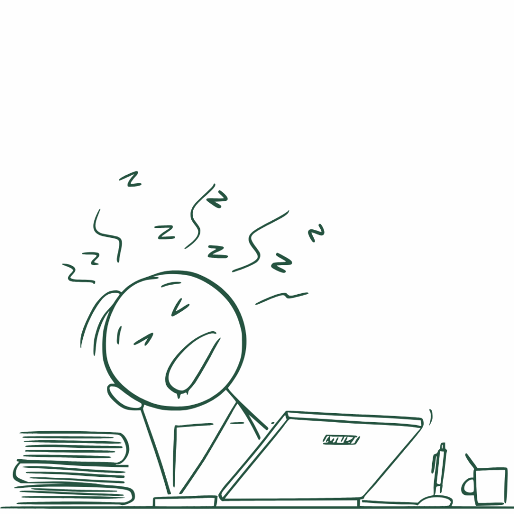 Images of a tired person sat a desk.